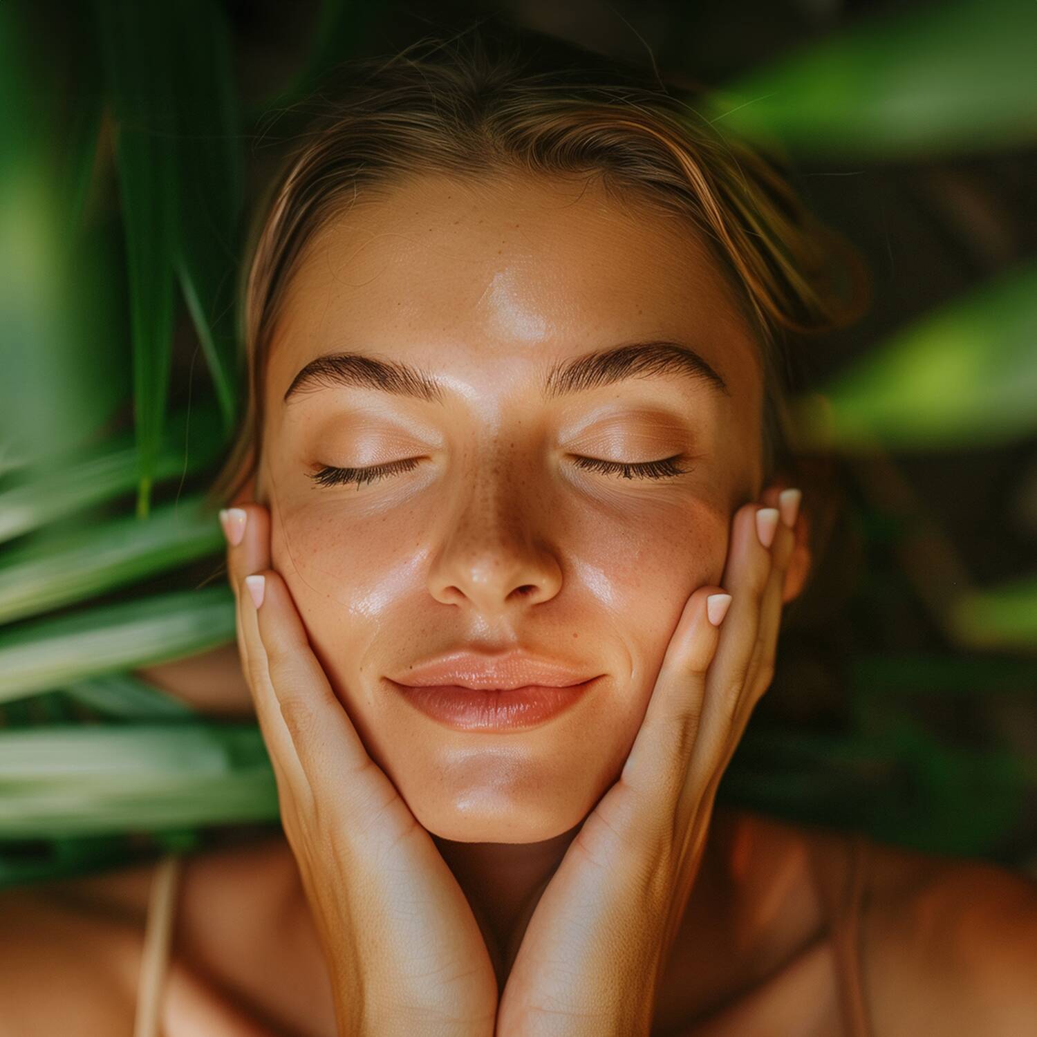 Woman with eyes closed and hands on cheeks