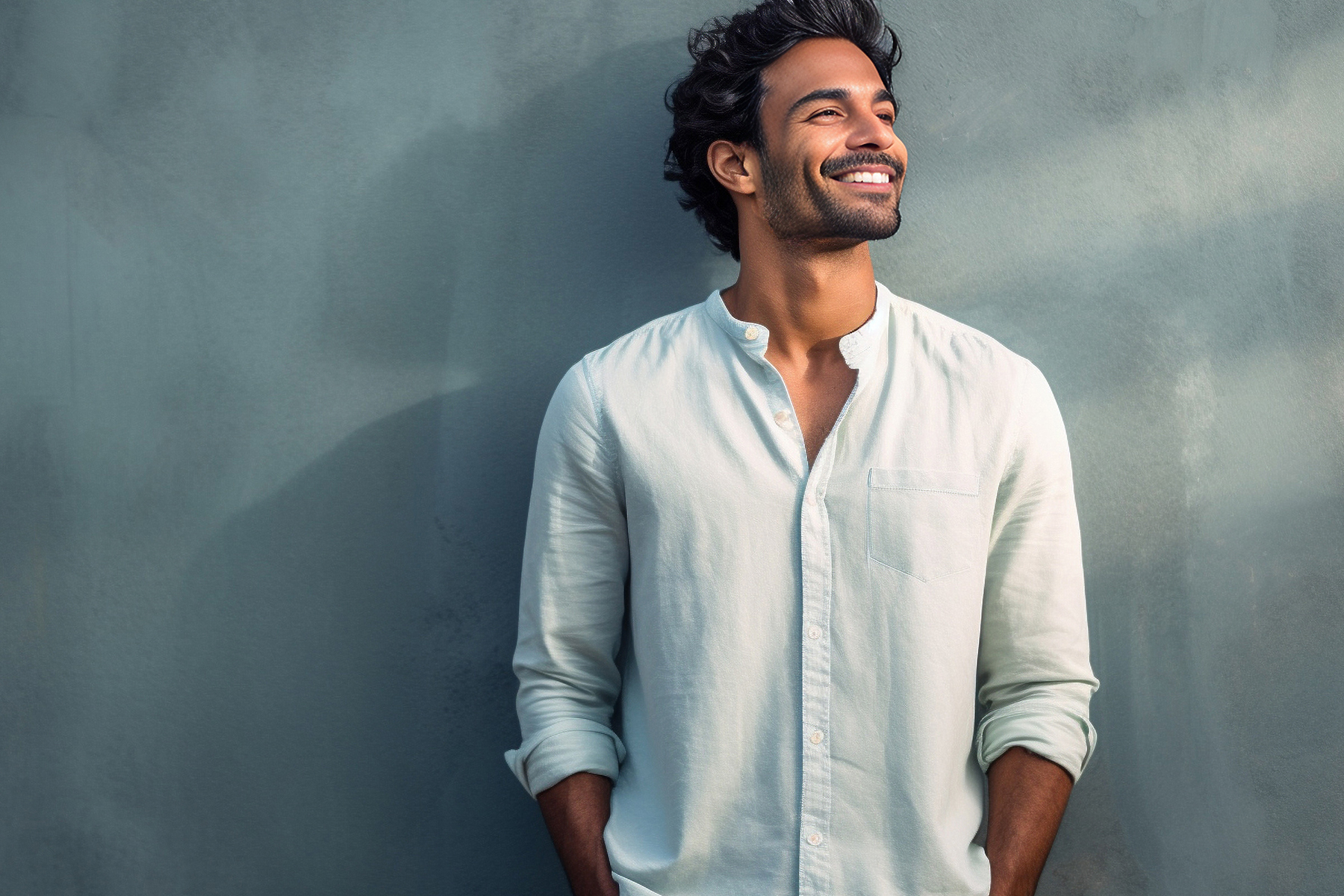 Man with full hair on concrete background